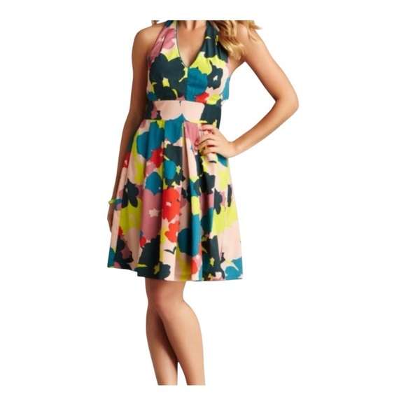 Jessica Simpson Blue Pink Halter Midi Dress - Picture 1 of 8